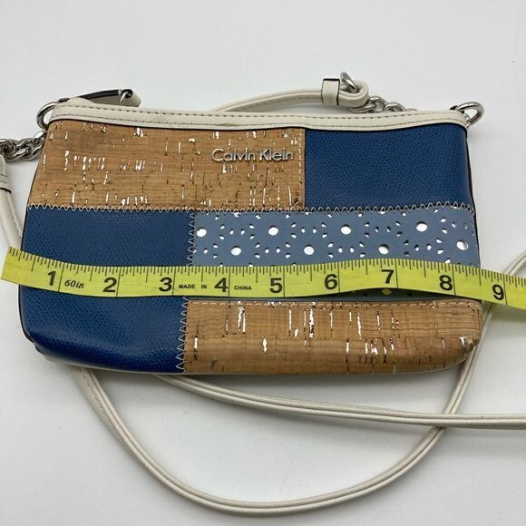 Calvin Klein Saffiano Cork Patchwork Crossbody Blue/Tan Color - Picture 9 of 9